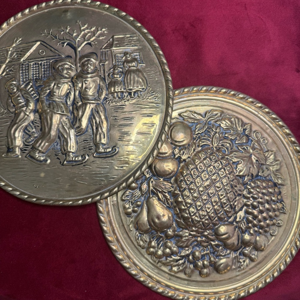Vintage Brass Wall Plaques with Fruit and Figures